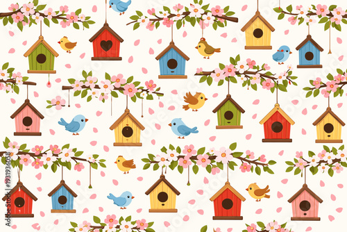 Colorful birds and birdhouses are hanging from branches with flowers in a playful spring design with soft colors and patterns