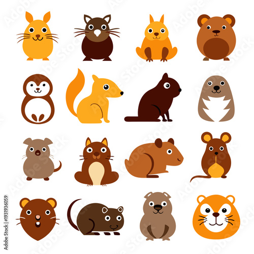 Collection of sixteen stylized cartoon rodents on a white background