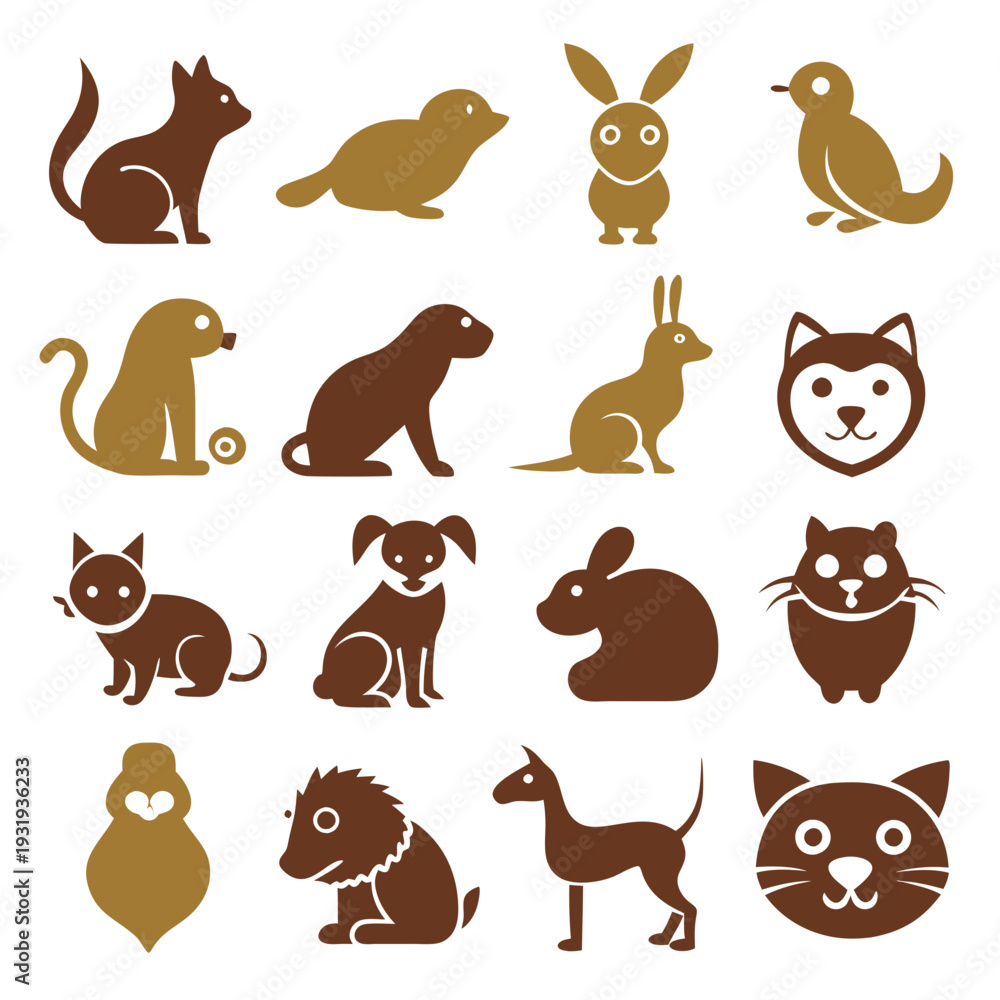 Fototapeta premium Assorted animal icon set in brown and golden tones