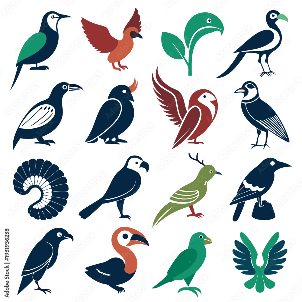 Fototapeta premium Assorted stylized bird icons with minimal design on white