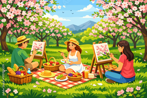 Friends enjoy a picnic while painting cherry blossoms in a park on a sunny day in springtime