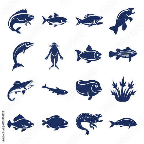Aquatic animal icon set in dark blue silhouette style
