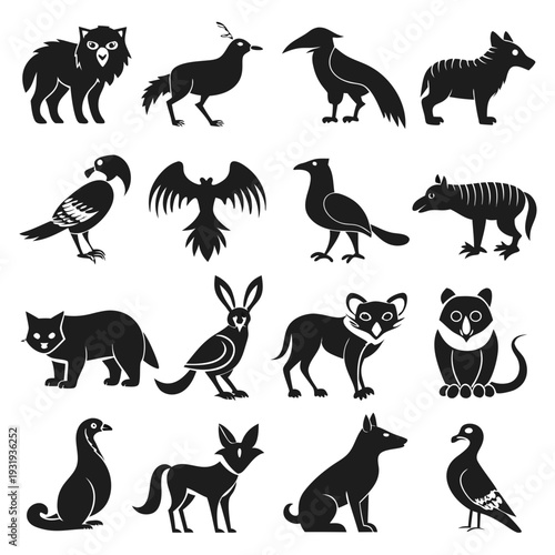 Black and white animal icons on a white background