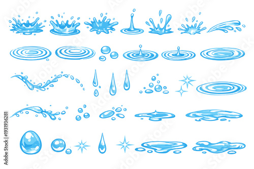 Water splashes and drops in various shapes and forms on a white background showing different water movement and textures