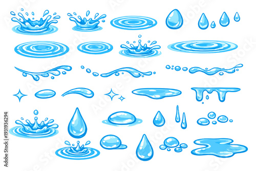 Various water shapes and drops showing different splash patterns and forms on a white background