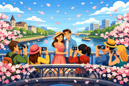 Couple pose for a picture while others take photos at a riverside park during cherry blossom season in a city