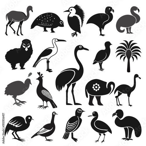Monochrome collection of bird and animal silhouette icons