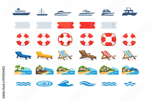 Various boat designs and beach items with a tropical water scene including loungers, life buoys, and ocean waves