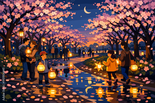 People walk along a park path under blooming cherry trees at night with lanterns and a crescent moon in the sky