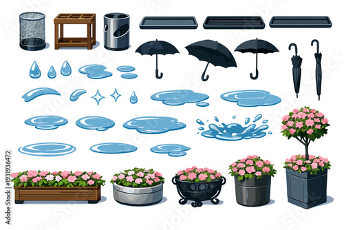 Different items for a rainy day and gardening with umbrellas, water, and flower planters for decoration and utility