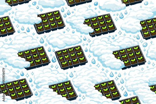 Plants grow in trays under clouds with rain and water droplets in a garden setting during daytime