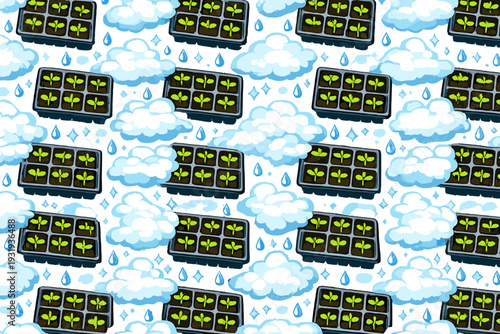 Gardening items in a pattern with seeds and clouds with rain on a light blue background