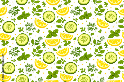 Fresh herbs and citrus fruits are arranged in a repeating pattern on a white background showing various shapes and colors