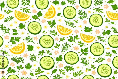 Colorful pattern with sliced cucumbers, lemons, flowers, and green herbs arranged on a white background