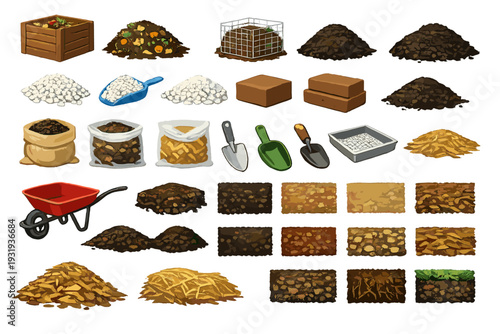 Different types of compost and soil materials displayed on a white background suitable for gardening activities and landscaping work