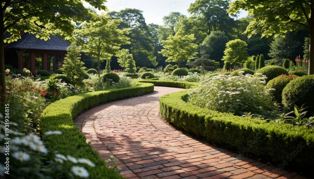 Obraz premium a serene garden with a winding brick pathway. Lush greenery and neatly trimmed bushes create a tranquil atmosphere in the garden.