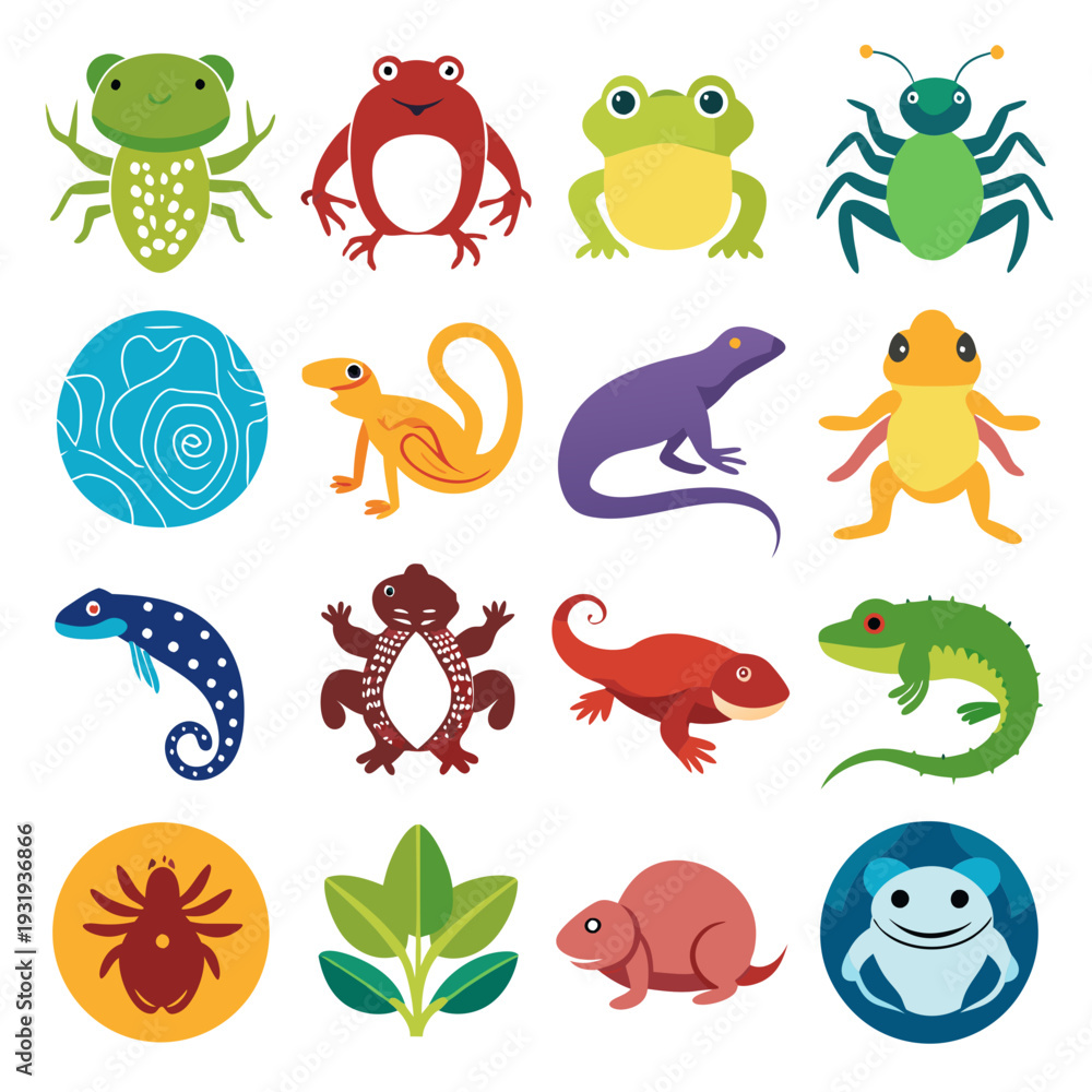Obraz premium Colorful flat vector illustration of insects and amphibians