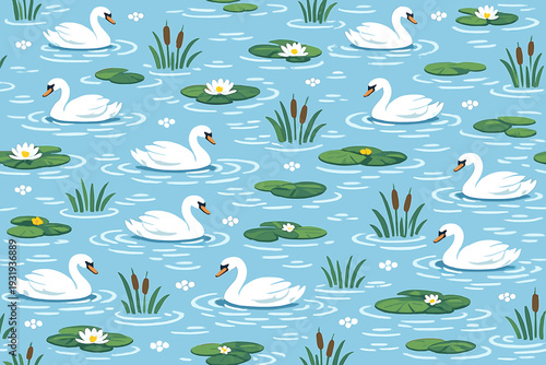 Swans swim across a pond filled with water lilies and plants during a sunny day in a natural setting