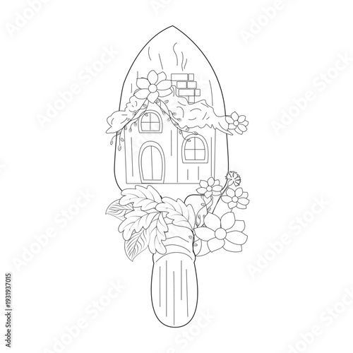 Creative illustration of a garden shovel featuring a miniature house and floral decorations. Fantasy gardening theme.