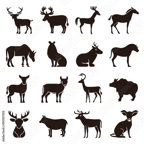 Silhouetted wildlife animals including deer, moose, antelope and horse
