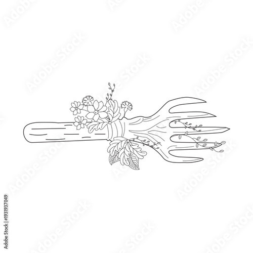 Close-up of a hand rake tool decorated with delicate flowers. Gardening concept illustration in line art style.