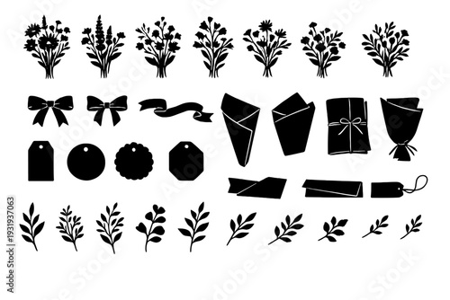 Floral designs and gift items are displayed in black silhouette on a white background in a creative layout for crafting projects