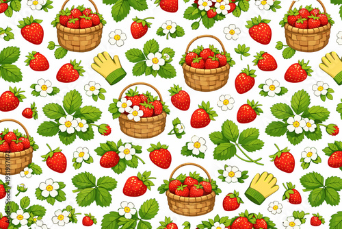 Strawberries in baskets with flowers and leaves on a white background