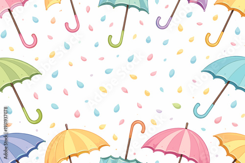 Colorful umbrellas with raindrops and petals scattered on a light background depicting a rainy day scene