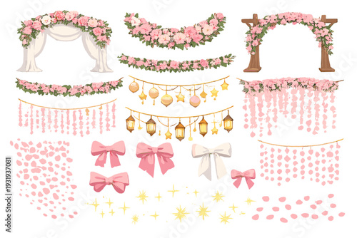 Decorative floral and festive elements for event decoration and celebration setup in various styles and designs