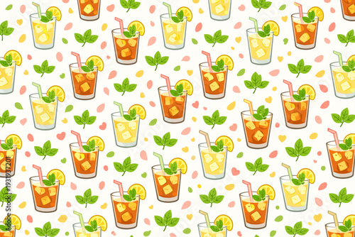 Colorful drinks with lemon and mint on a light background create a fun pattern for summer gatherings and parties