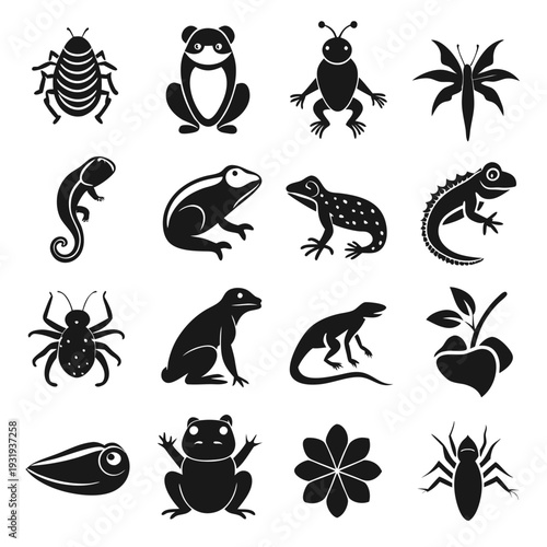 Flat icon set of animals and insects in black