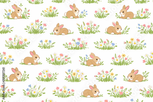 Cute rabbits sitting and playing among flowers in a field during spring time