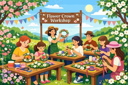 Group of people participate in flower crown workshop in a bright outdoor setting with trees and flowers