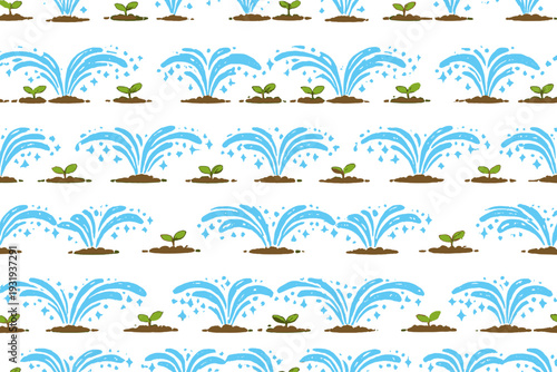 Pattern of water sprays and young plants in garden setting showing growth and nourishment