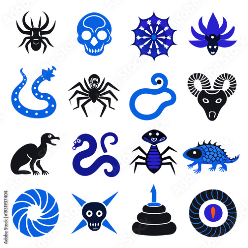 Assorted flat graphic icons of fantasy and occult symbolism