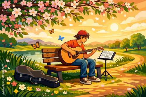 Boy plays guitar on a bench by the water as sun sets and butterflies fly around flowers on a nice day in the park