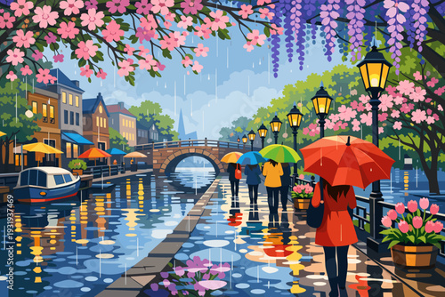 Rainy day walk along a canal with colorful umbrellas and blooming flowers in a vibrant town scene