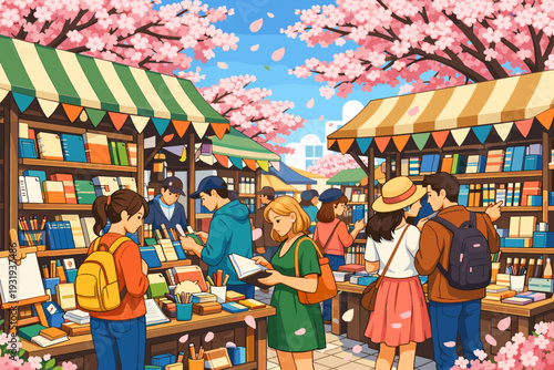 Spring book fair in a park with people shopping and enjoying books under blooming cherry trees