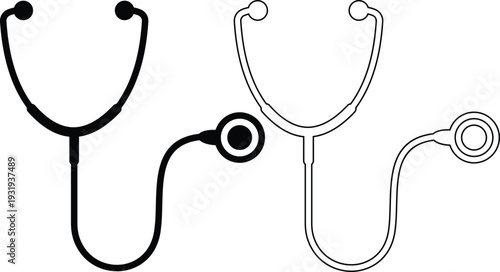 Stethoscope icon set collection, medical and healthcare symbols with heart shaped stethoscope designs in solid and outline style vector isolated on transparent background