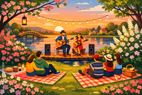 Evening music session by the water with a sunset and friends enjoying a picnic in a park