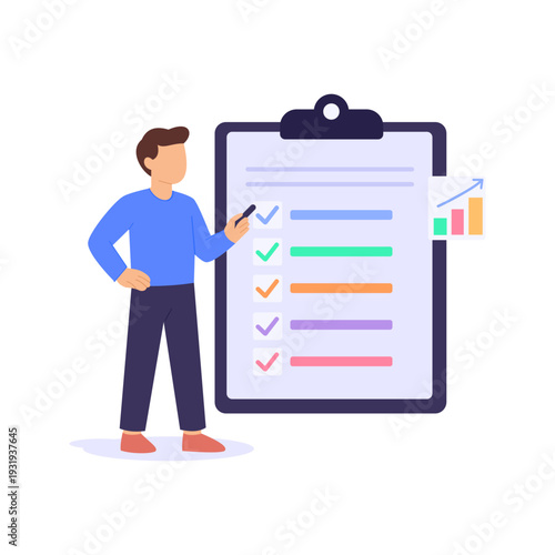 SEO Checklist Review, Verifying optimization tasks for website improvement, Flat vector character illustration