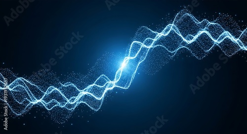 Abstract digital illustration of blue glowing wavy lines with a central bright light