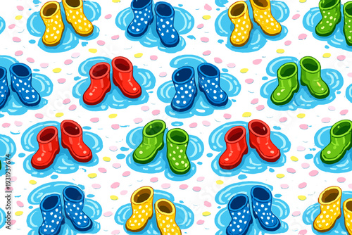 Bright rubber boots in puddles on a playful background with colorful dots and splashes