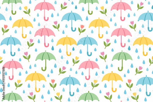 Colorful pattern with umbrellas and flowers on a white background depicting a rainy day theme