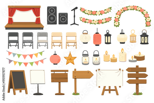 Decorative elements for an outdoor event setup with stage, chairs, and lighting in a community park during the daytime