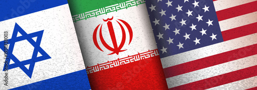 Israel, Iran and USA United States flags background, web, banner, wallpaper. Conflict, Negotiations, invasion, sanctions partnership template presentations