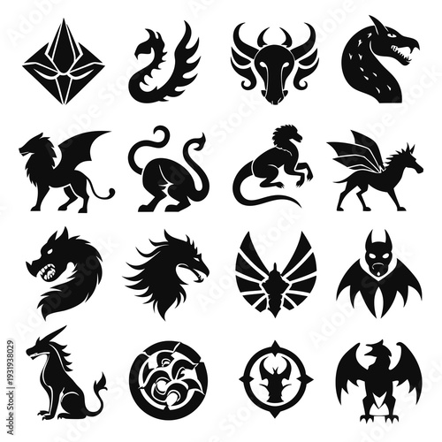 Collection of mythological creature glyphs in black and white