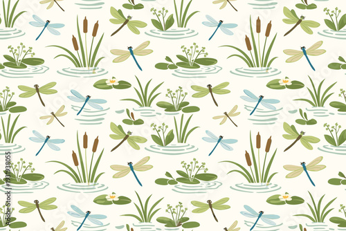 Pattern of dragonflies, plants, and water on a light background in a natural setting during daytime