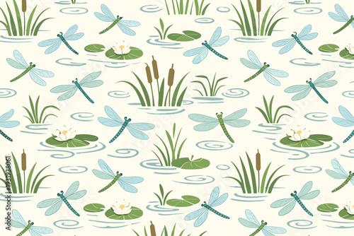 Dragonflies and water lilies create a nature pattern on a light background with reeds and water ripples
