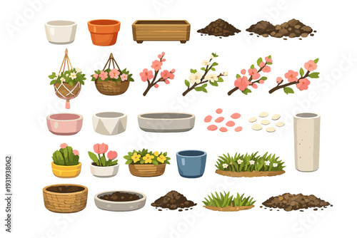 Different types of flower pots, plants, and soil arranged for gardening in a creative layout